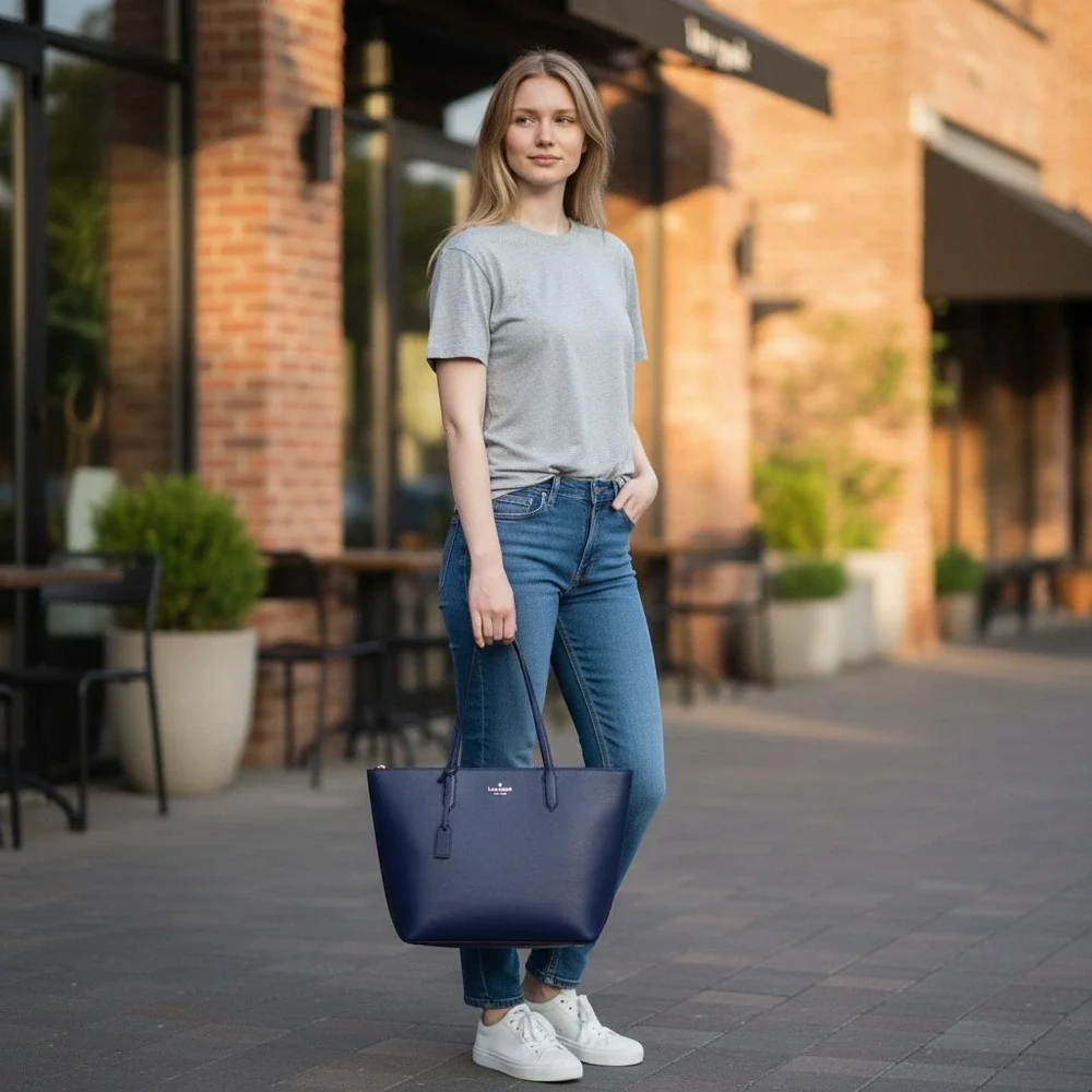 Kate Spade New York Navy Blue Leather Tote Bag Shoulder Purse Gold Logo
